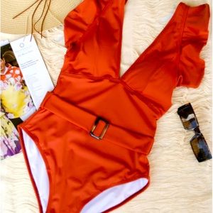 One-Piece Swimsuit V-neck ruffle shoulders with Tortoise Shell Buckle Belt